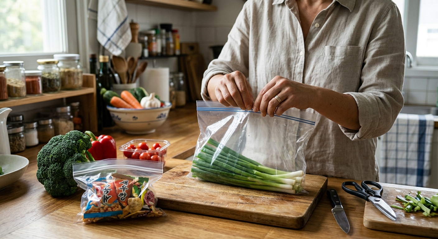 냉장고 속 채소 봉투와 과자 봉투가 재활용 지퍼 라인으로 닫혀 있는 장면