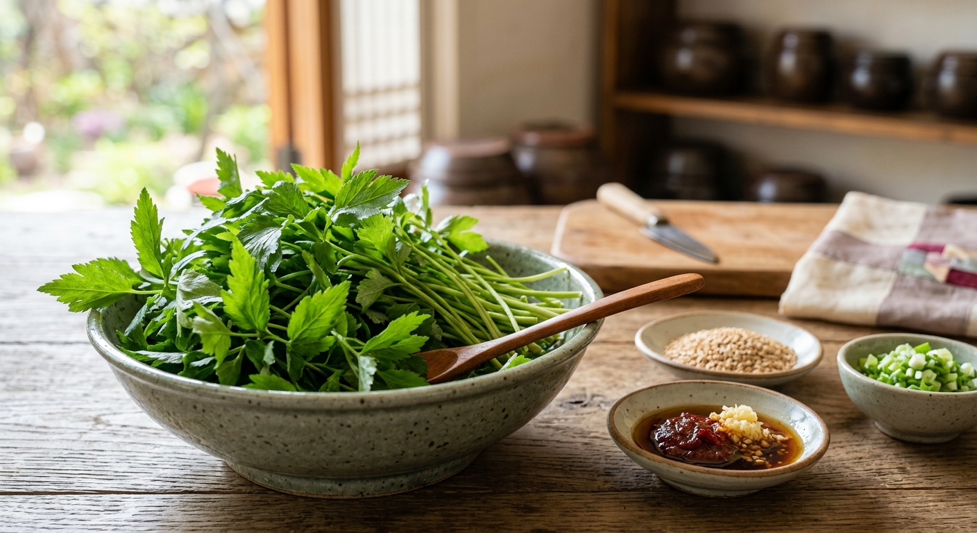 참나물과 함께 영양 정보를 떠올리게 하는 신선한 채소 구성