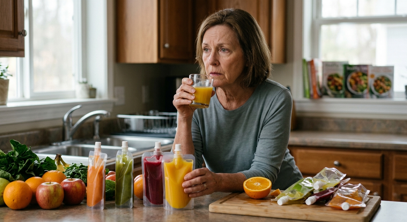 여러 종류의 건강즙 파우치가 정리되어 있는 주방 장면