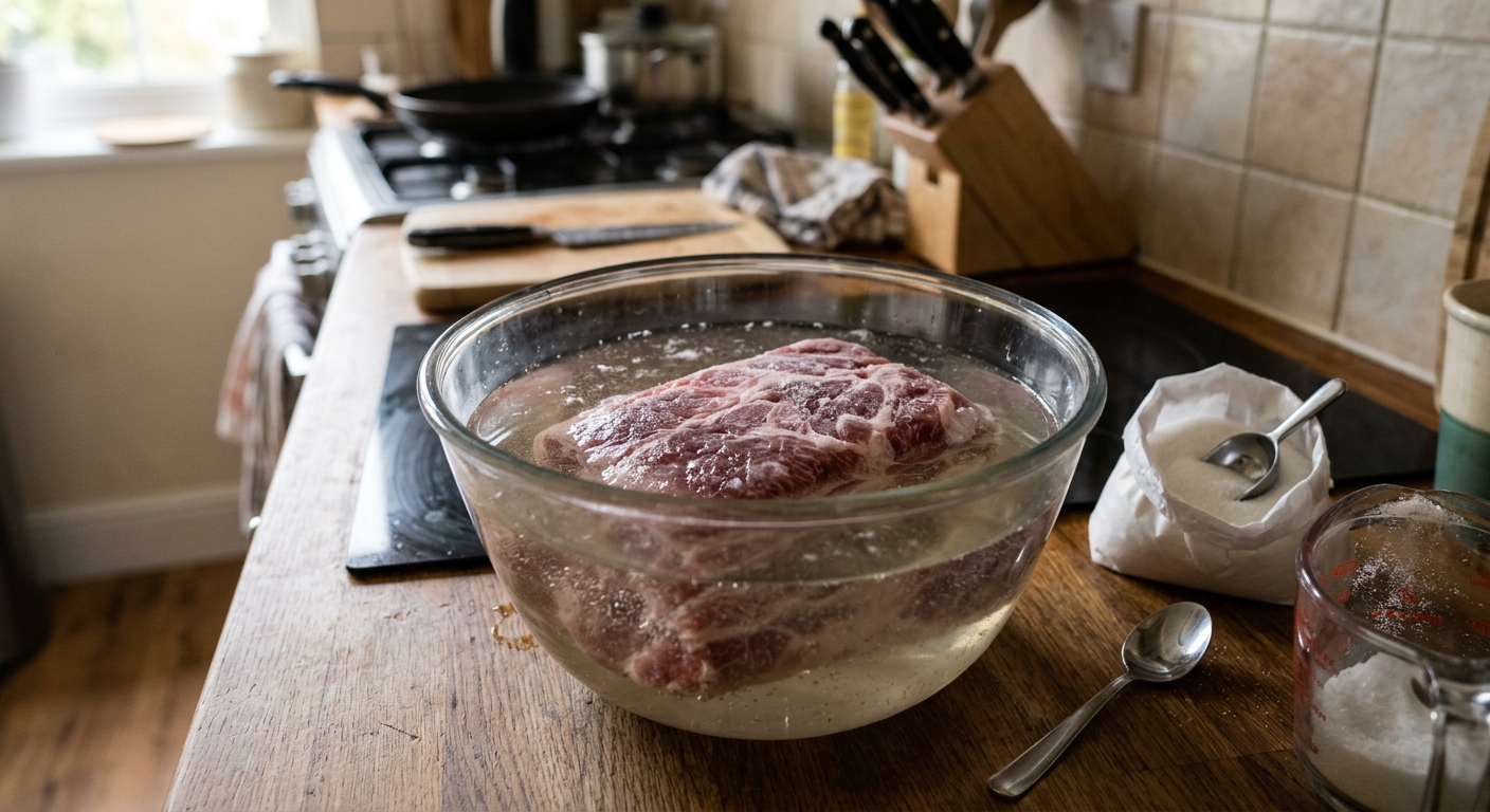 밀봉된 냉동고기를 설탕물에 담가 중간에 뒤집고 키친타월로 물기를 닦는 모습