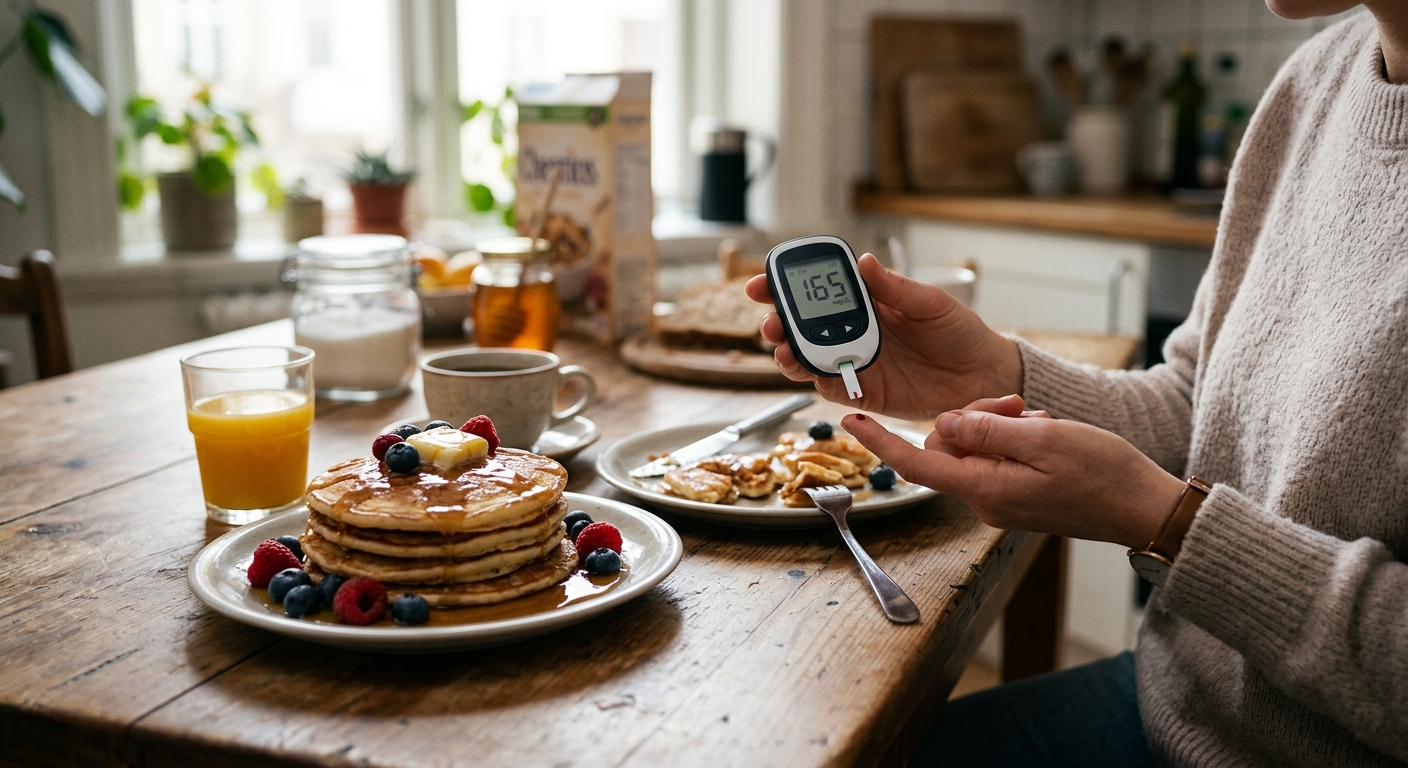 메이플 시럽이 뿌려진 팬케이크와 버터가 놓인 브런치 접시