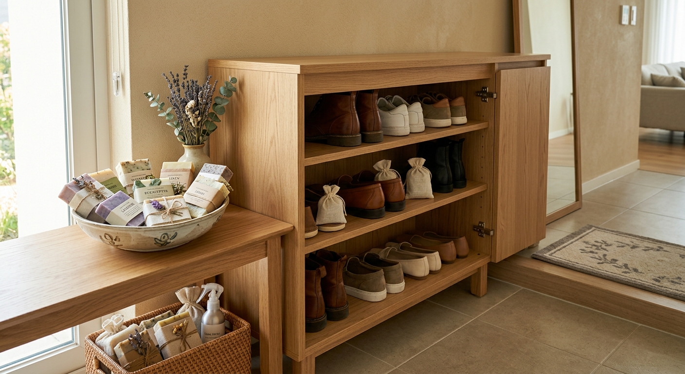 옷장 서랍과 욕실 선반에 비누 조각이 담긴 용기가 놓인 장면