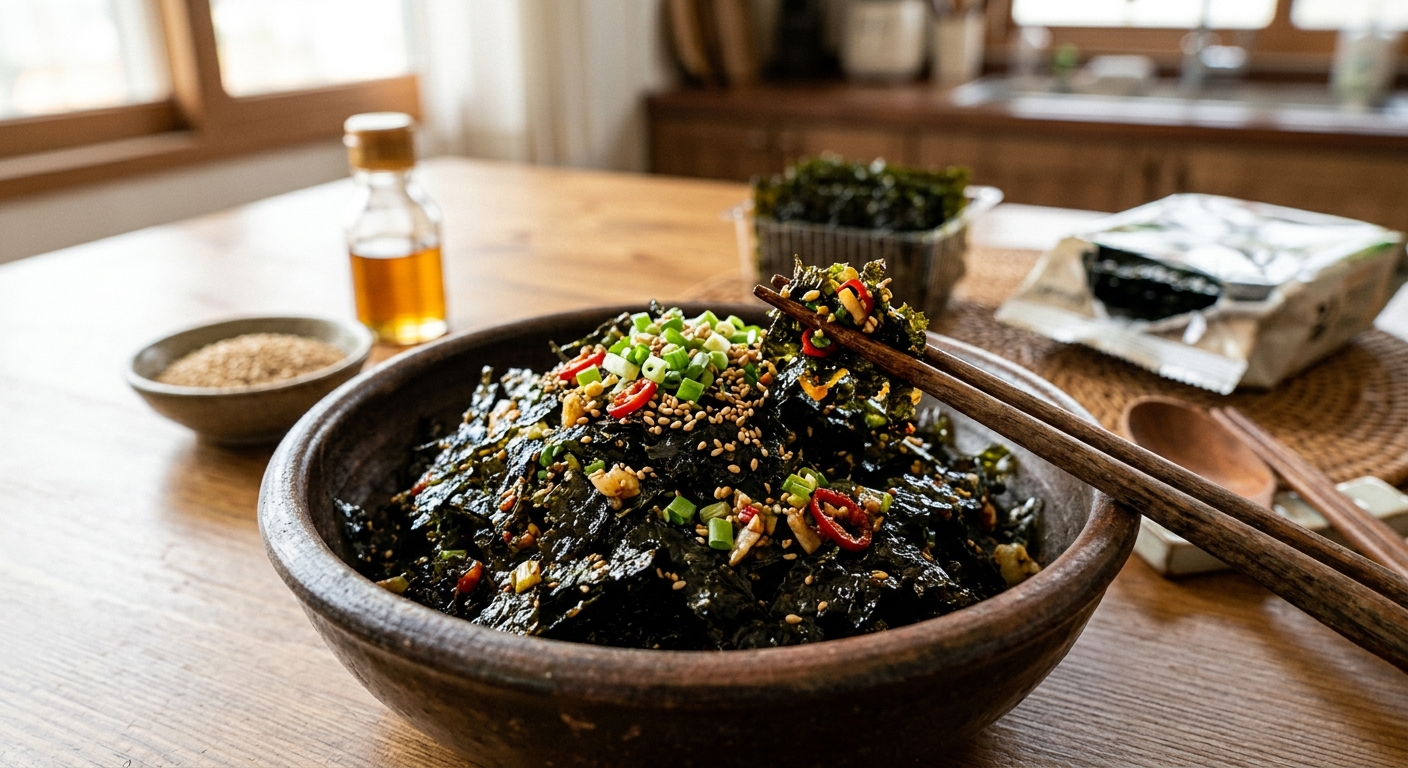 간장 참기름 설탕 다진 마늘을 작은 볼에 섞어 김무침 양념장을 만드는 장면