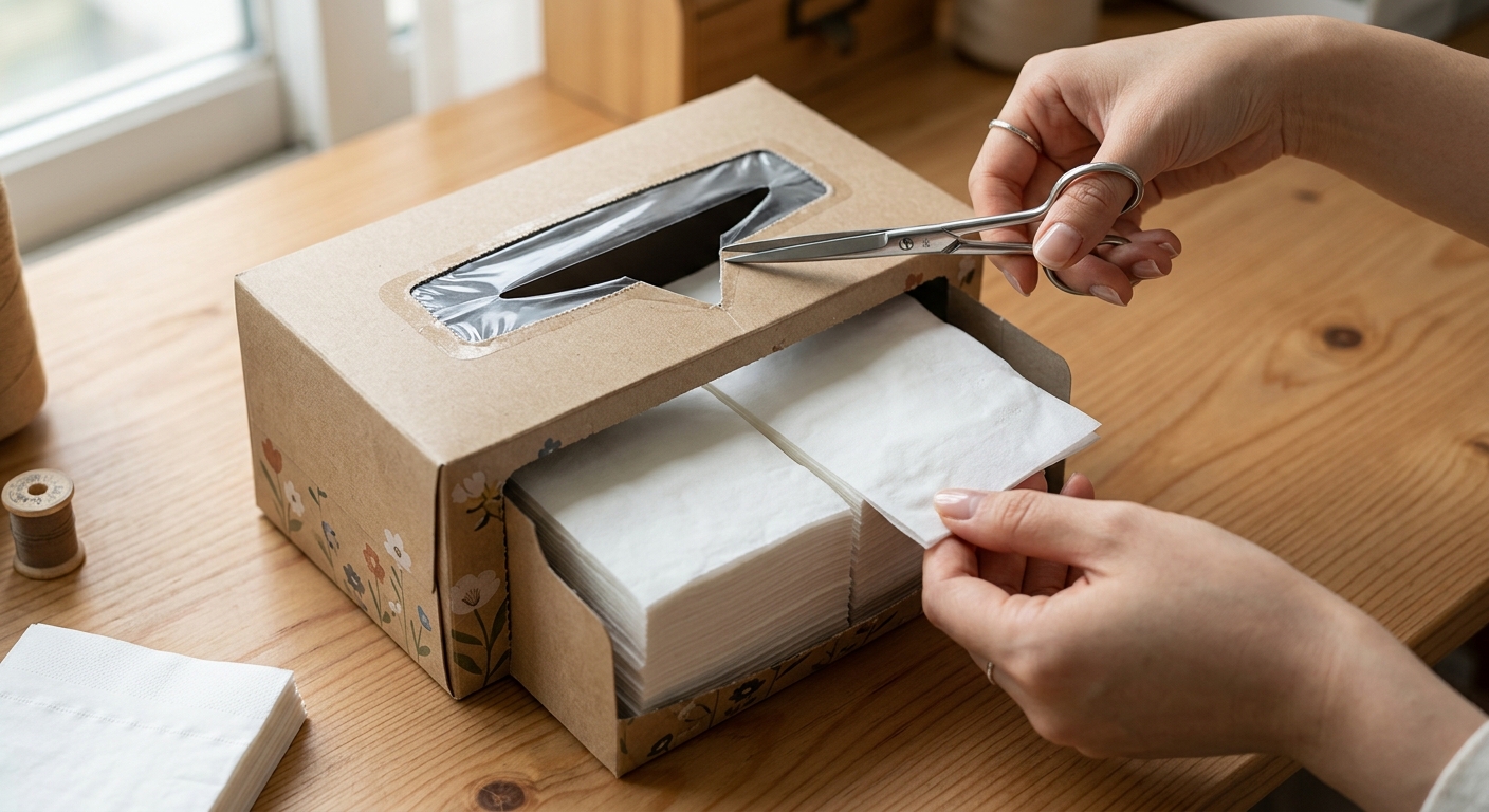 가위로 티슈 박스 상단 입구 양옆을 살짝 자르는 모습