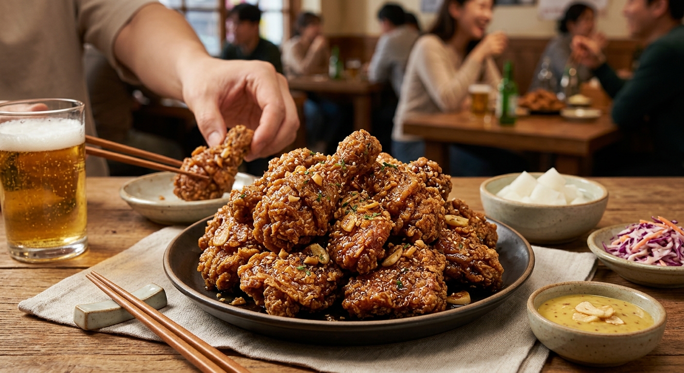 바삭한 튀김결이 선명하게 보이는 드라이 스타일 간장치킨