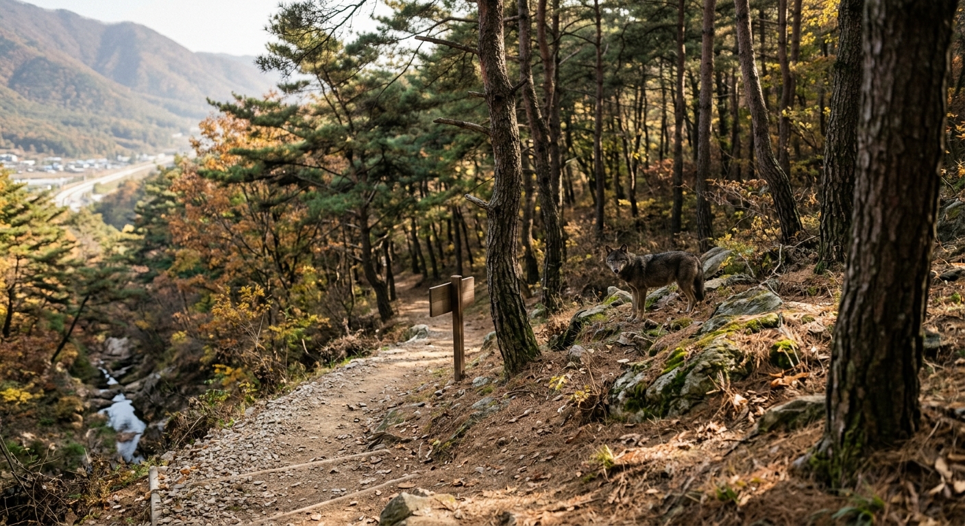숲과 도로, 경사면이 함께 있는 야산 지형의 실사 이미지
