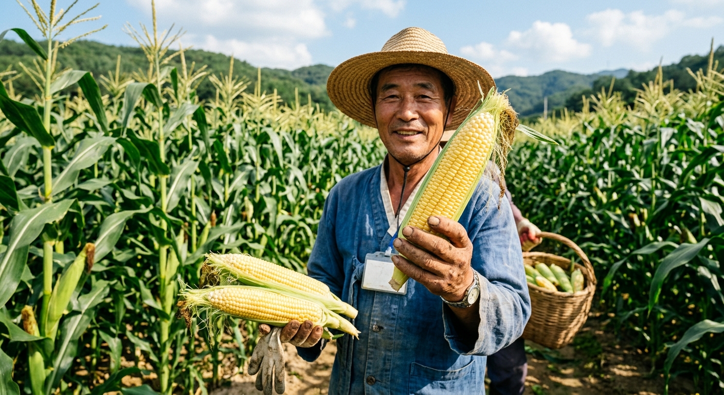 하얀 알갱이가 고르게 붙은 괴산 대학찰옥수수 클로즈업