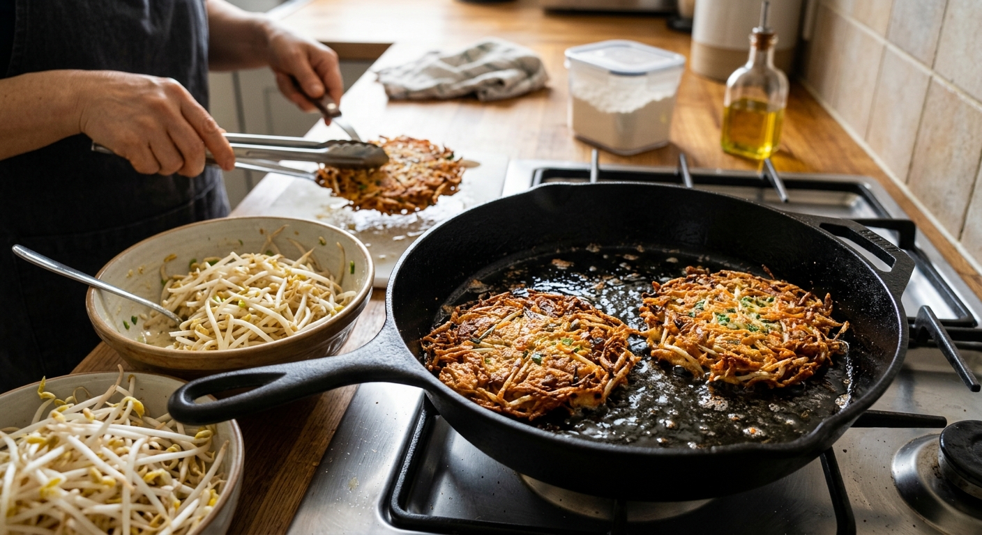 체에 밭쳐 물기를 빼는 콩나물과 적당한 농도의 반죽이 담긴 볼