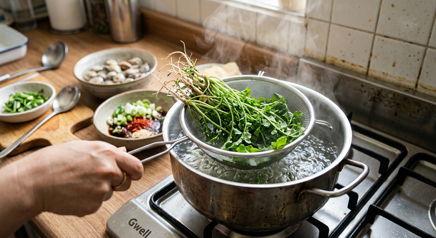 끓는 물에 냉이를 짧게 데친 뒤 찬물에 식히는 모습