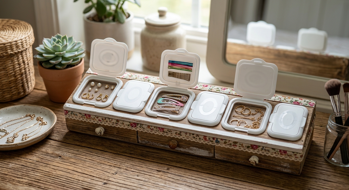 작은 액세서리가 담긴 DIY 물티슈 뚜껑 보관 케이스