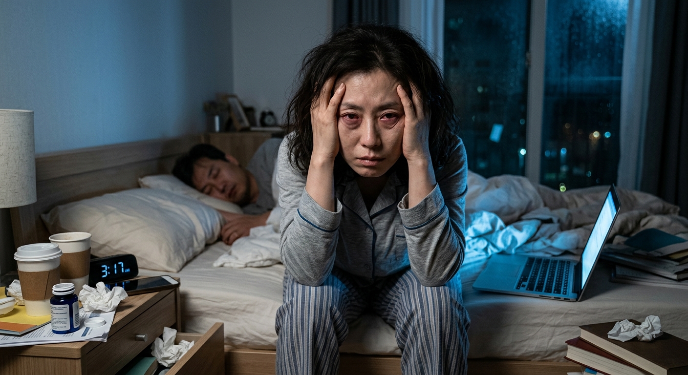 밤늦게 스마트폰을 보며 잠들지 못하는 사람의 불규칙한 수면 장면