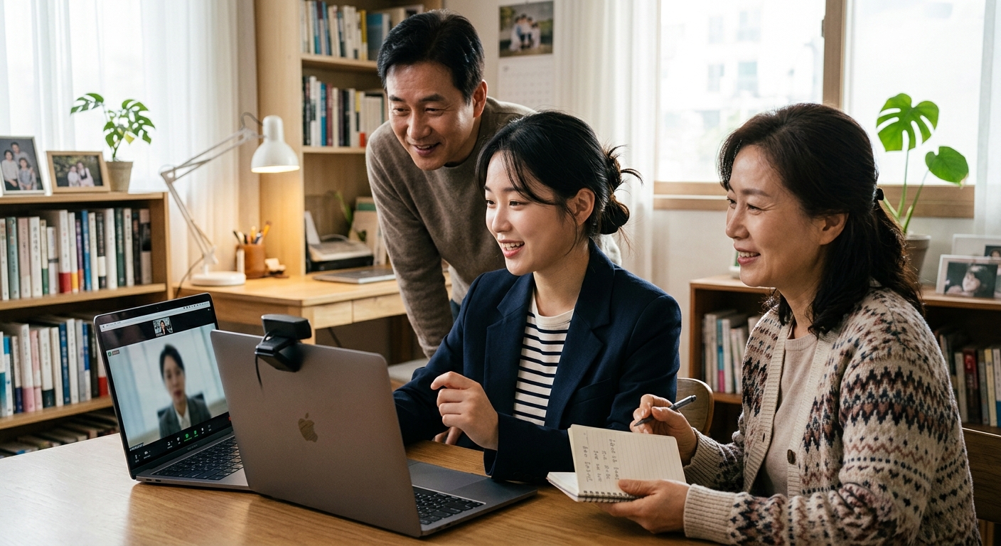 거실에서 모의 면접을 진행하며 지원자를 응원하는 부모와 자녀