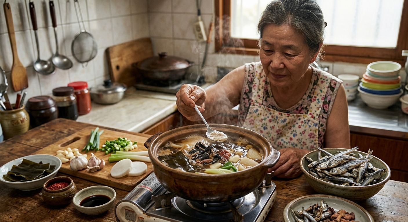 냄비에 멸치 머리와 채소를 넣고 육수를 끓이는 모습