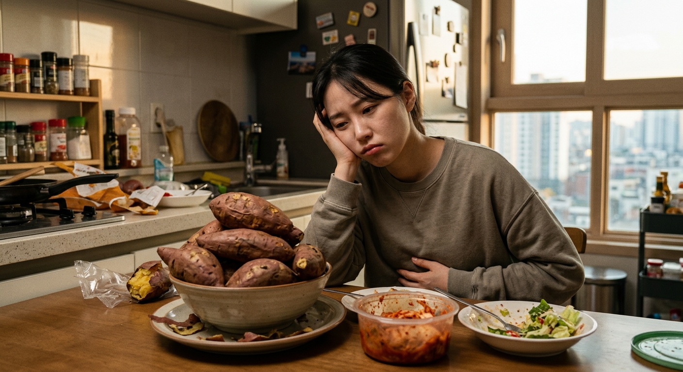 접시에 과하게 담긴 고구마와 소량의 반찬이 있는 모습