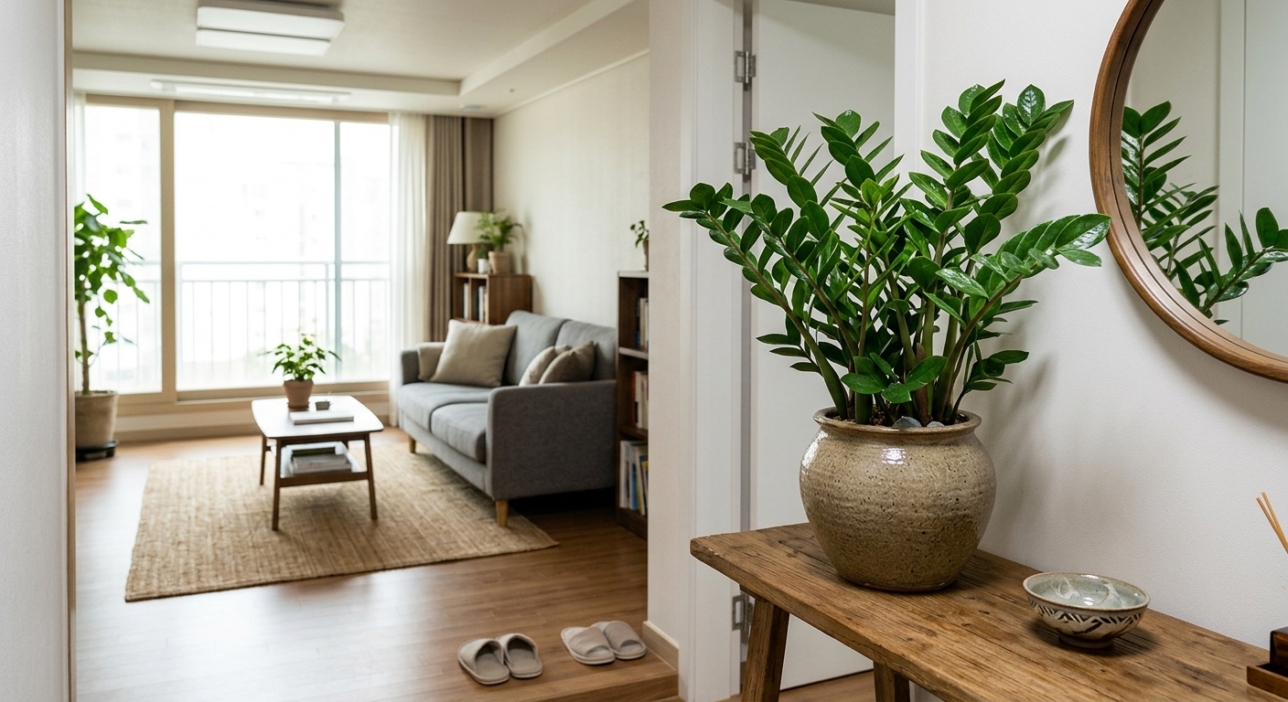 거실 입구 코너에 놓인 금전수 화분과 자연광이 들어오는 실내