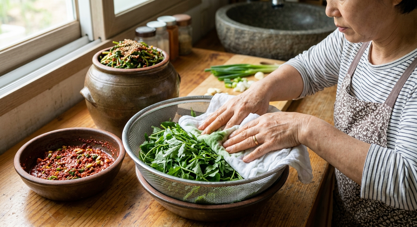 씻은 참나물을 채반에 올려 물기를 제거하는 모습