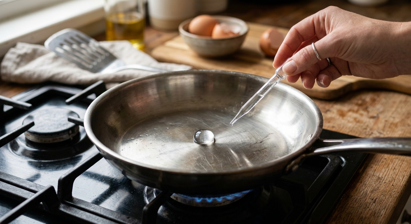 예열된 스텐팬 위에서 물방울이 동그랗게 맺혀 움직이는 모습