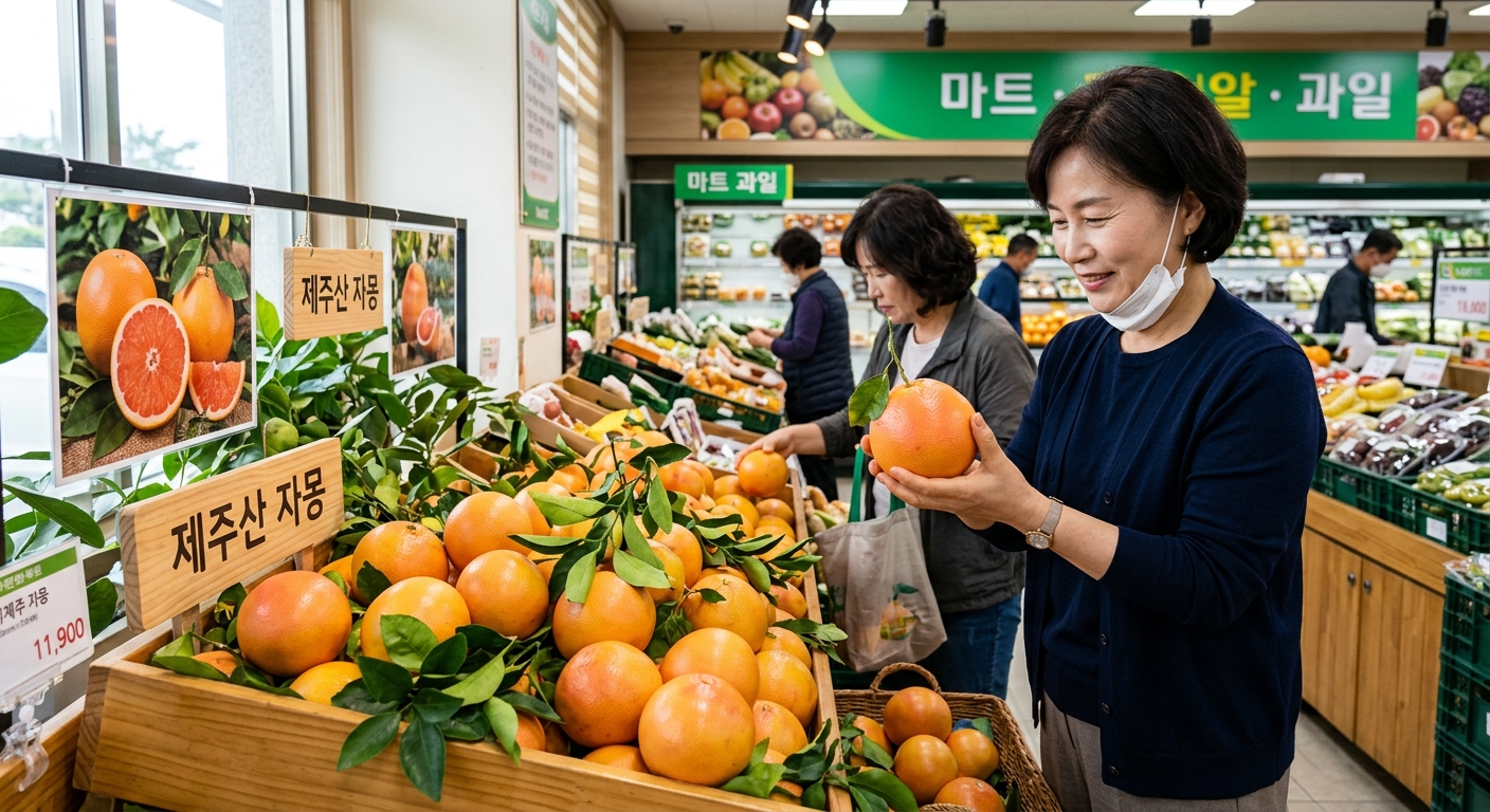 제주 지역 자몽 재배 농장에서 열매가 달린 나무 전경
