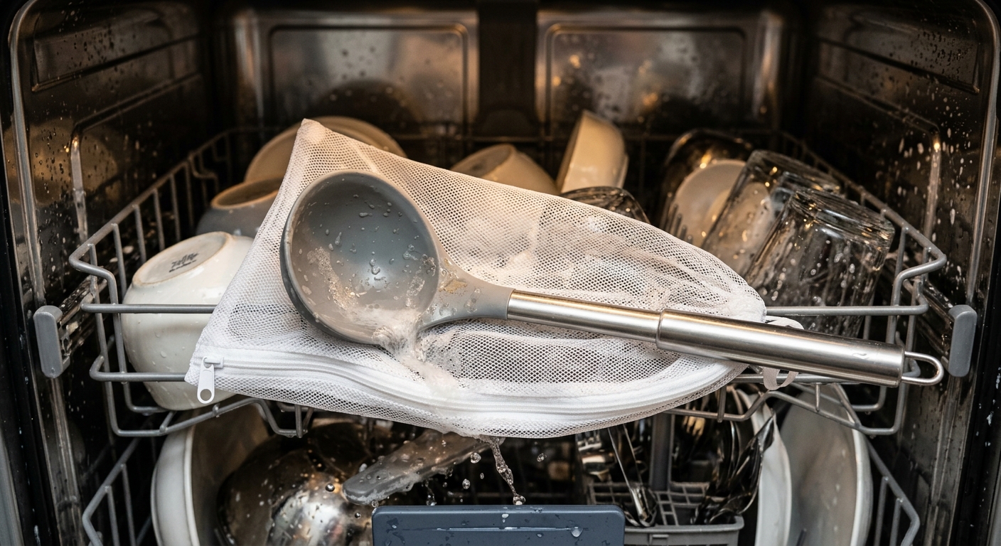 실리콘 국자와 뒤집개를 세탁망에 가지런히 넣는 장면