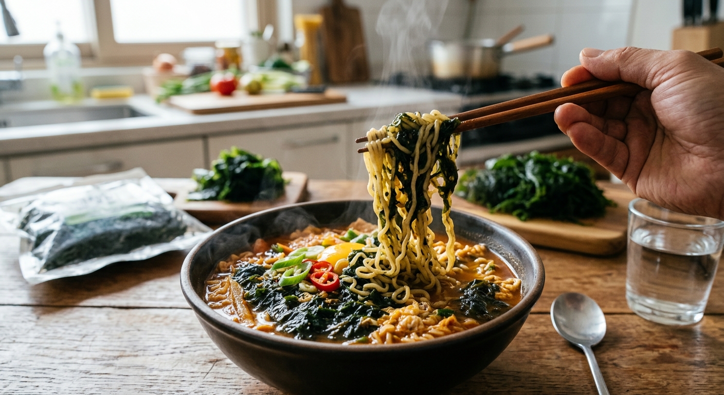 라면 국물 속에 풀어진 매생이가 풍성하게 들어간 장면
