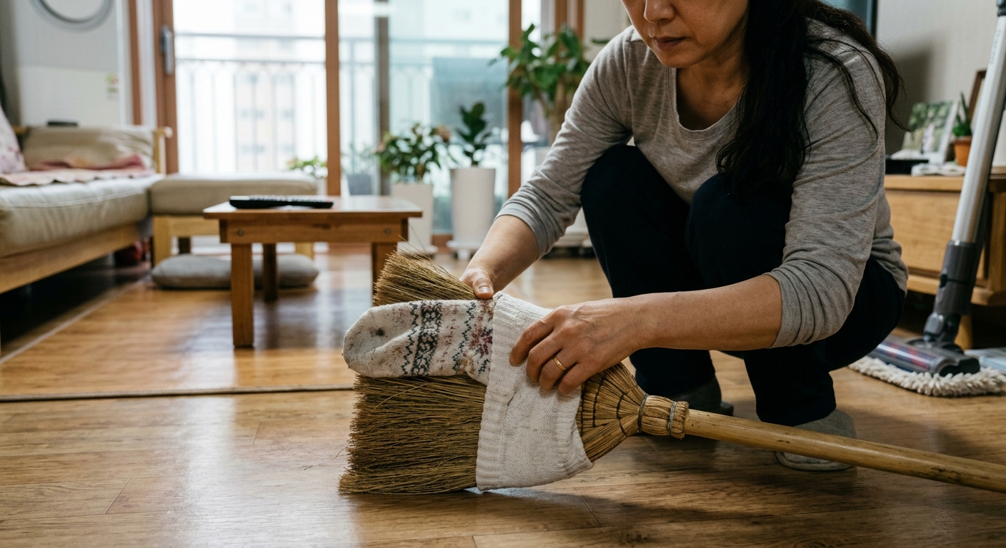 좁은 실내 공간에서 양말을 씌운 빗자루로 조용하고 빠르게 청소하는 장면
