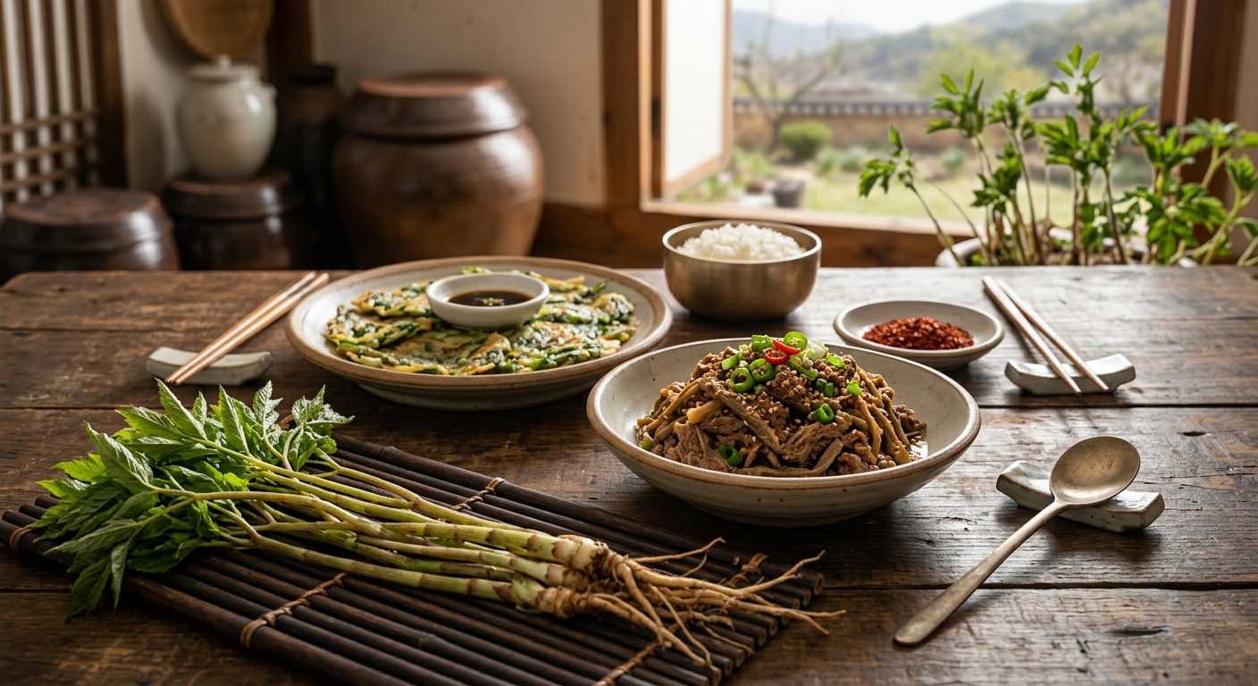 영양이 풍부한 봄 산나물 눈개승마를 담은 정갈한 한식 상차림
