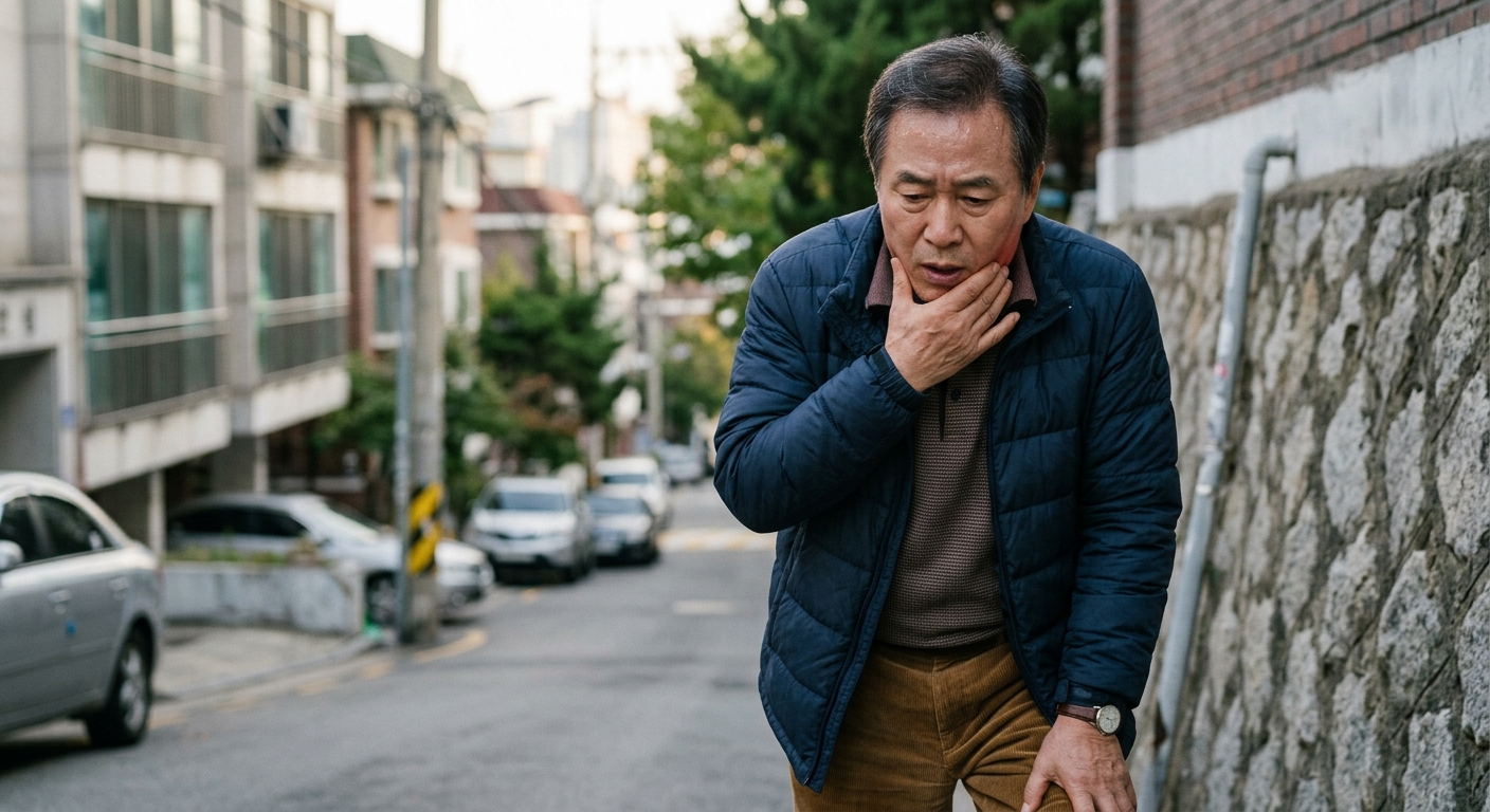 계단을 오르다 턱 부위를 만지며 불편함을 느끼는 사람의 모습