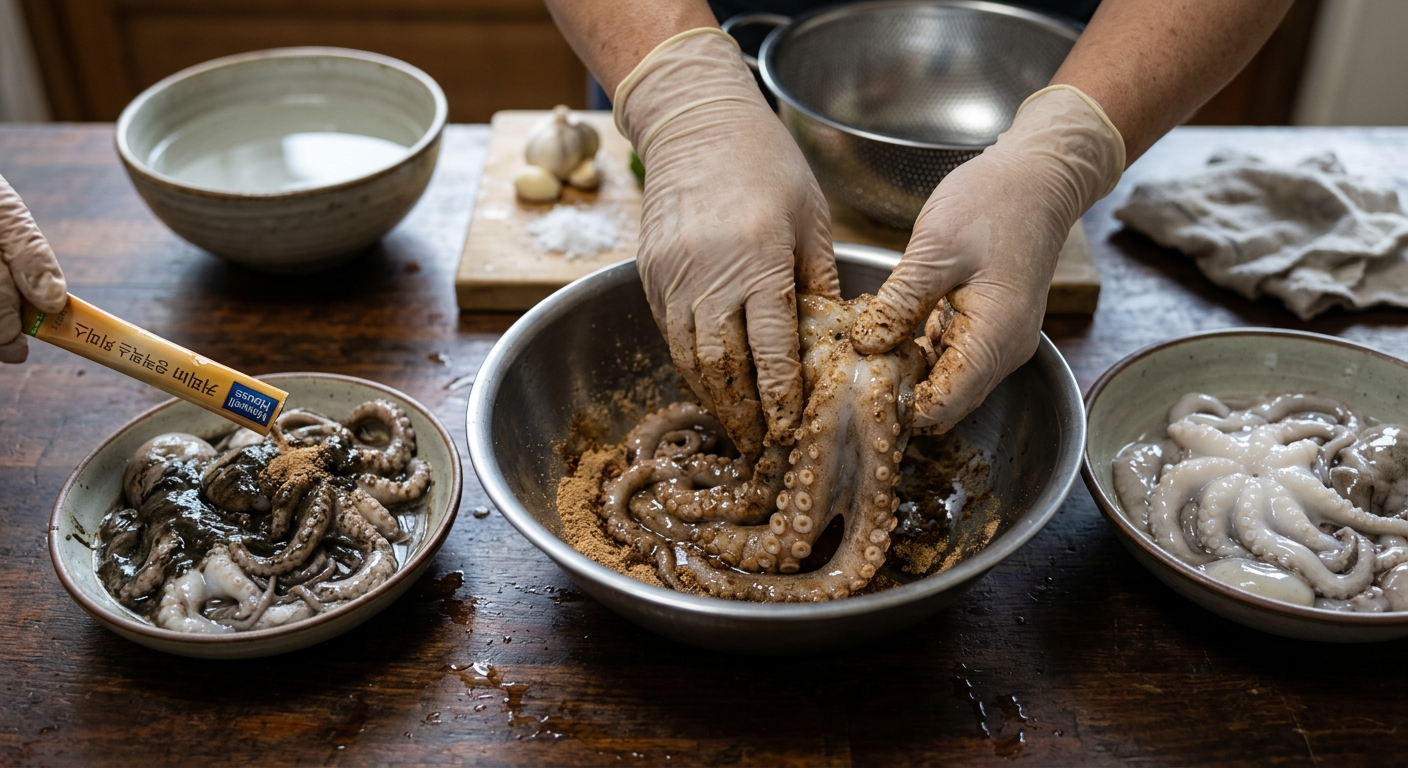 스테인리스 볼 안에서 낙지를 손으로 부드럽게 주무르며 손질하는 장면
