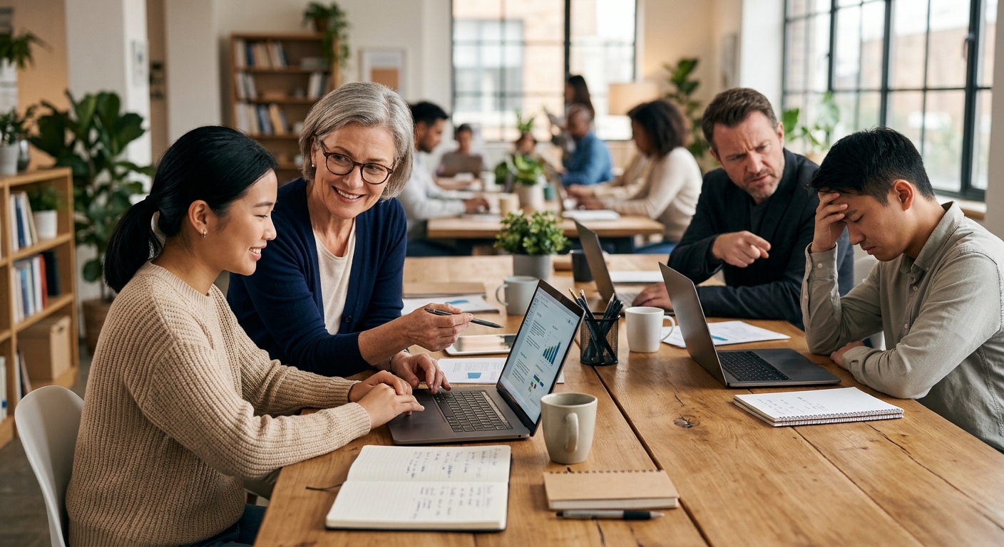 회의 자리에서 건설적인 대화와 일방적 비판의 차이를 상징적으로 보여주는 장면
