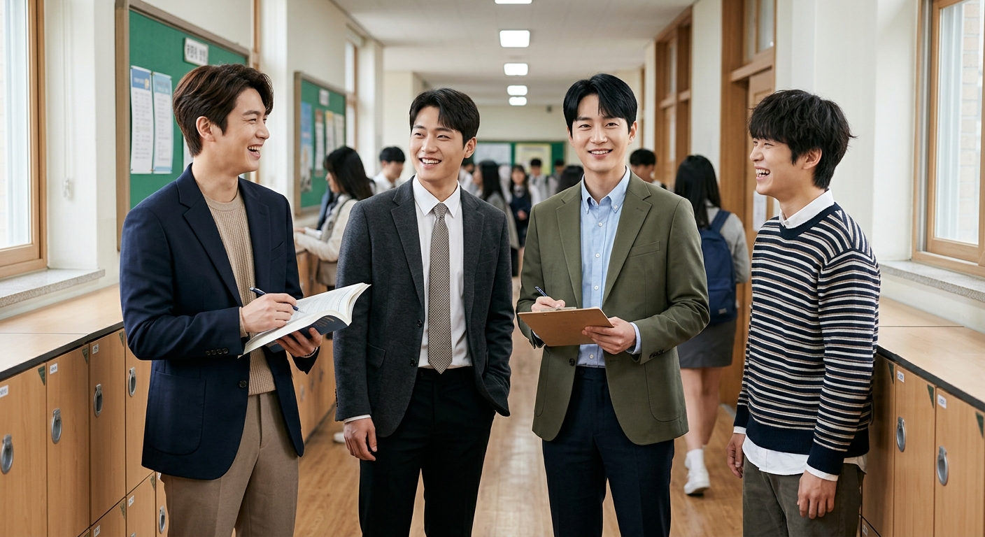 서로 다른 분위기의 네 명의 젊은 남성 교사가 교실을 배경으로 서 있는 장면