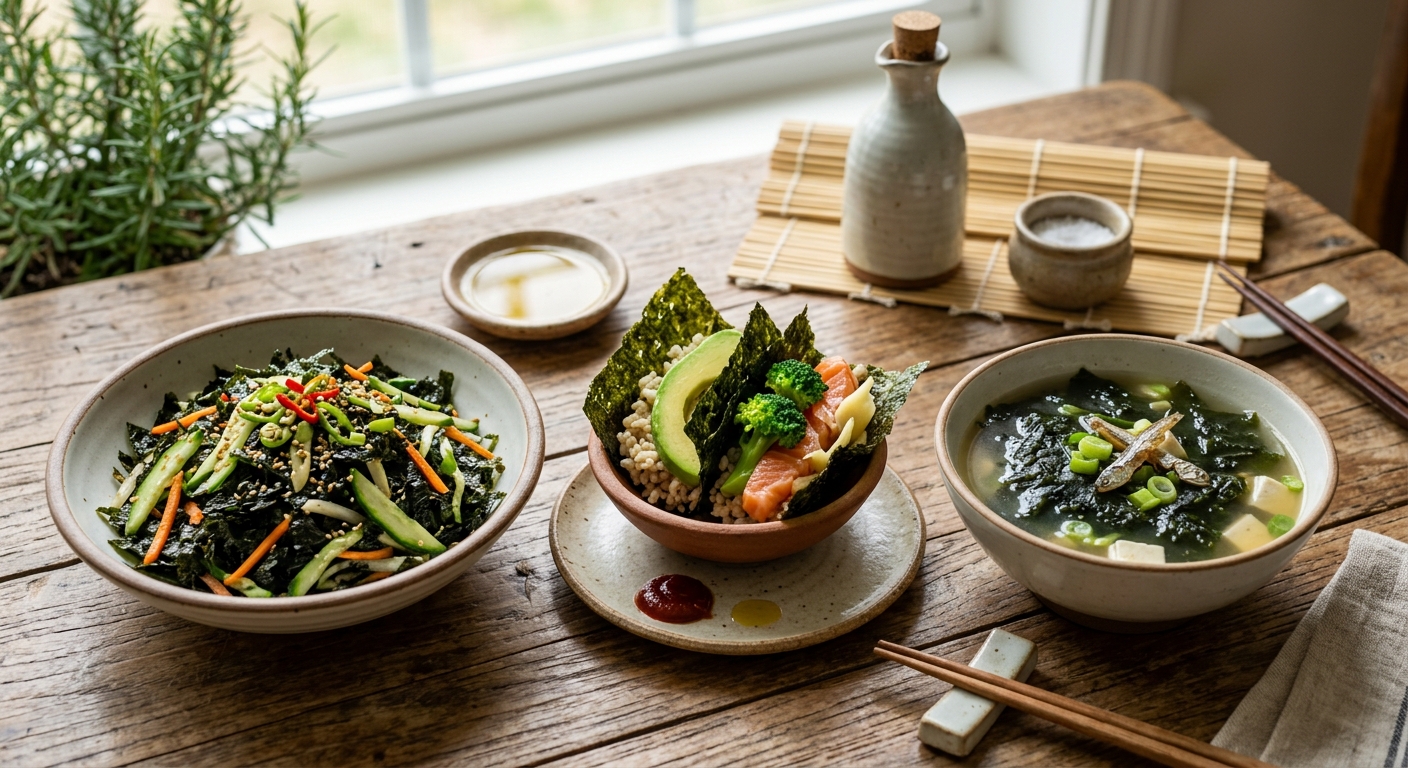 접시에 가지런히 담긴 생김과 밥상이 함께 보이는 장면