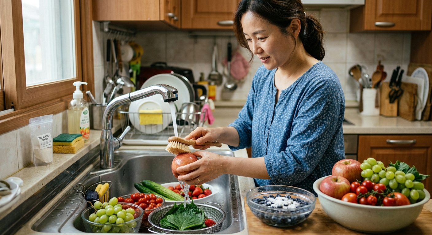 상추, 깻잎, 딸기, 포도 등 다양한 농산물이 세척 준비된 주방 테이블 위에 놓인 모습