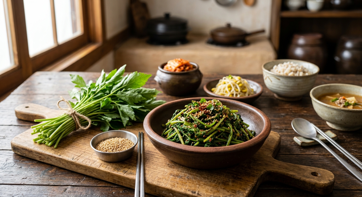 신선한 취나물과 소금기 적은 건강 반찬이 함께 차려진 식탁