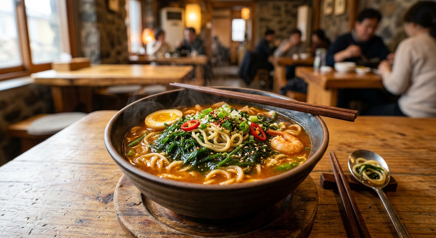 푸른 매생이가 어우러져 국물 풍미가 살아난 라면 한 그릇