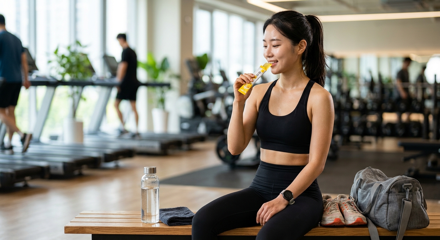 운동 가방 옆에 놓인 유자맛 콘셉트의 단백질 젤 스틱 이미지