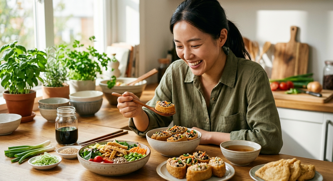 신선한 채소와 유부가 함께 담긴 다이어트 샐러드 이미지