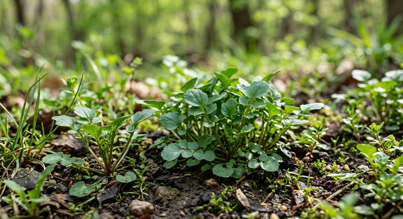 꽃이 피기 전 연한 황새냉이를 손으로 살펴보는 모습