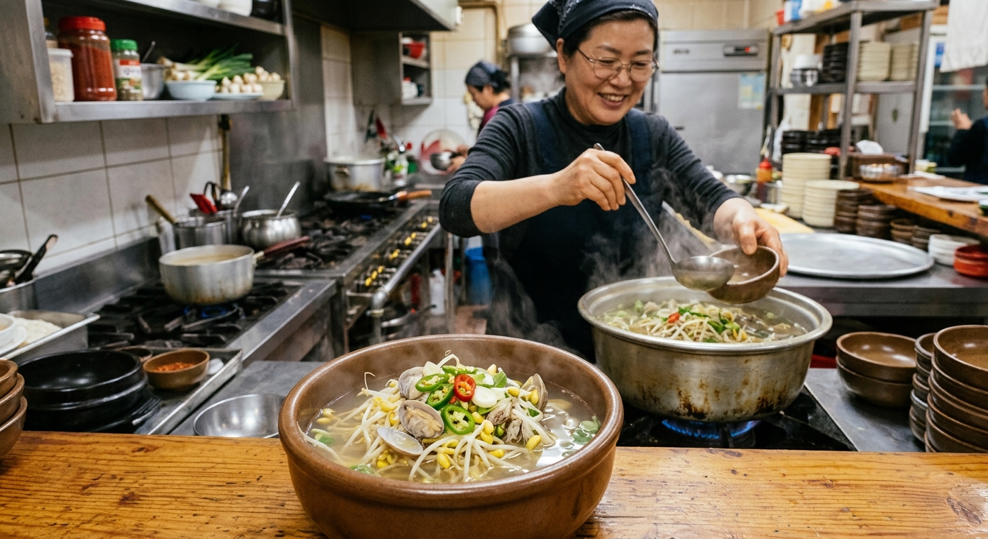 끓는 냄비에 바지락과 콩나물을 차례로 넣어 조리하는 모습
