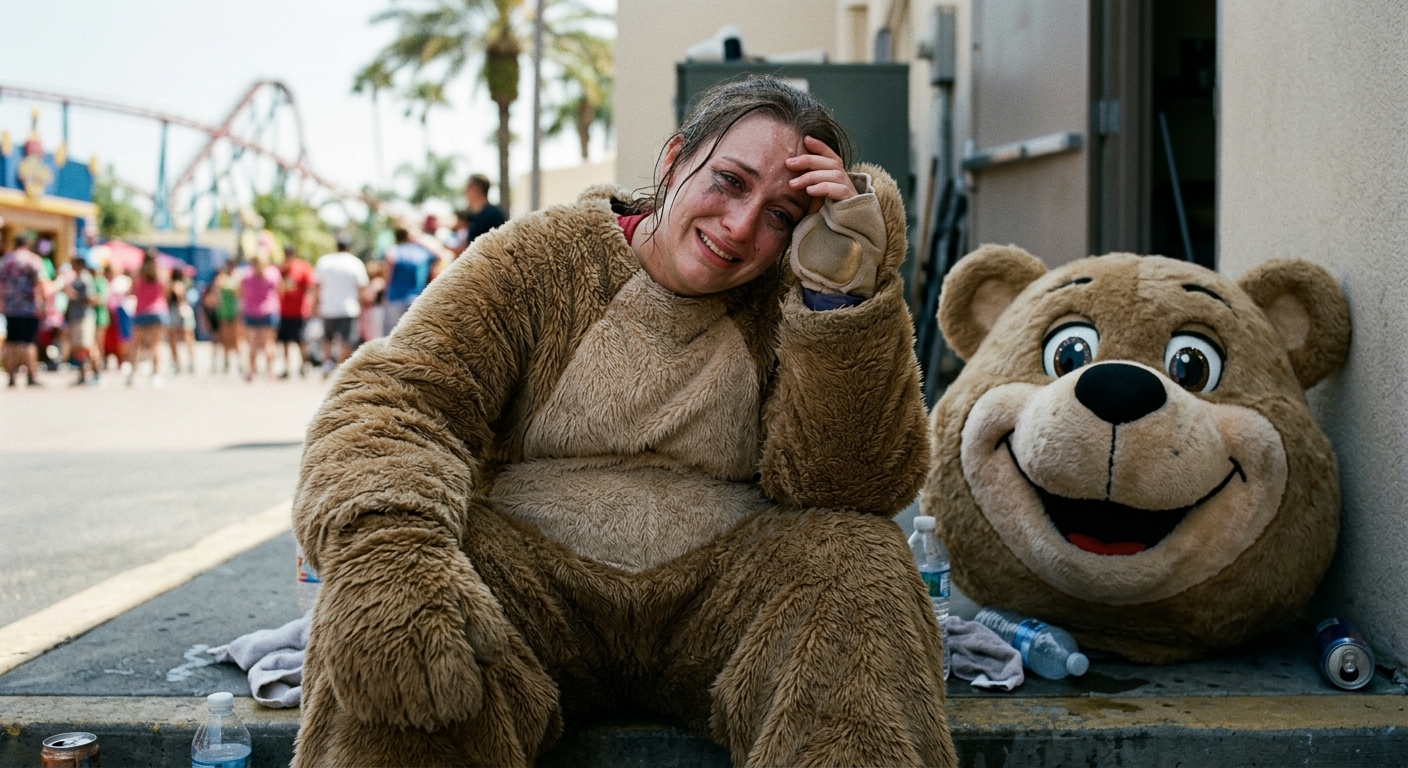 사람들과 사진을 찍어주며 계속 반응해야 하는 인형탈 아르바이트 장면