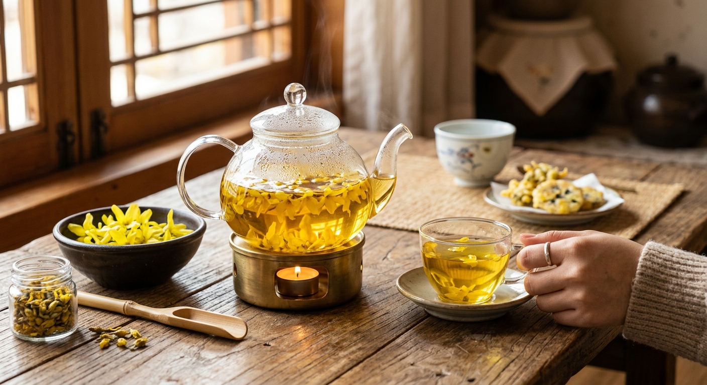 건조한 개나리꽃과 따뜻한 차를 함께 놓은 테이블