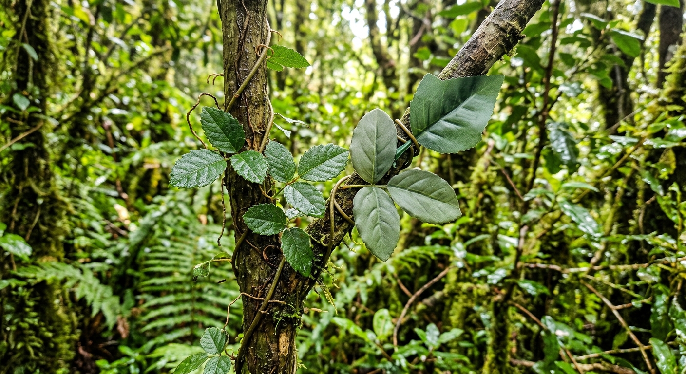 식물 사이에서 화학 신호와 미생물 정보 전달을 상상할 수 있는 숲속 장면
