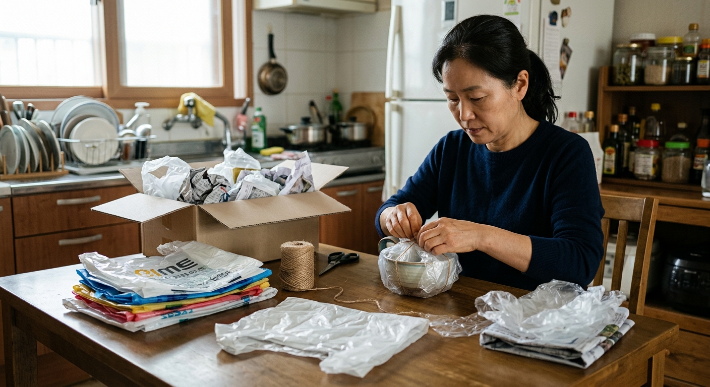 재사용 비닐봉지로 생활 소모품 지출을 줄이는 절약형 살림 이미지