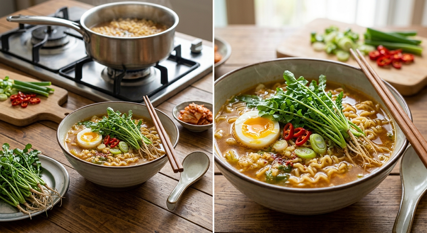 끓는 라면에 마지막 단계에서 냉이를 넣는 모습