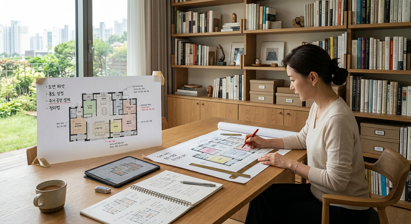 도면과 메모를 보며 공간별 용도를 계획하는 정리 장면