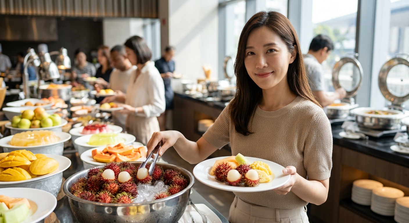 뷔페 식사 후 과일 디저트로 람부탄을 즐기는 깔끔한 테이블 장면