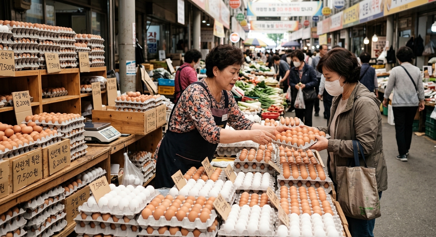 대형마트 냉장 매대에 정리되어 있는 수입 계란 팩 이미지