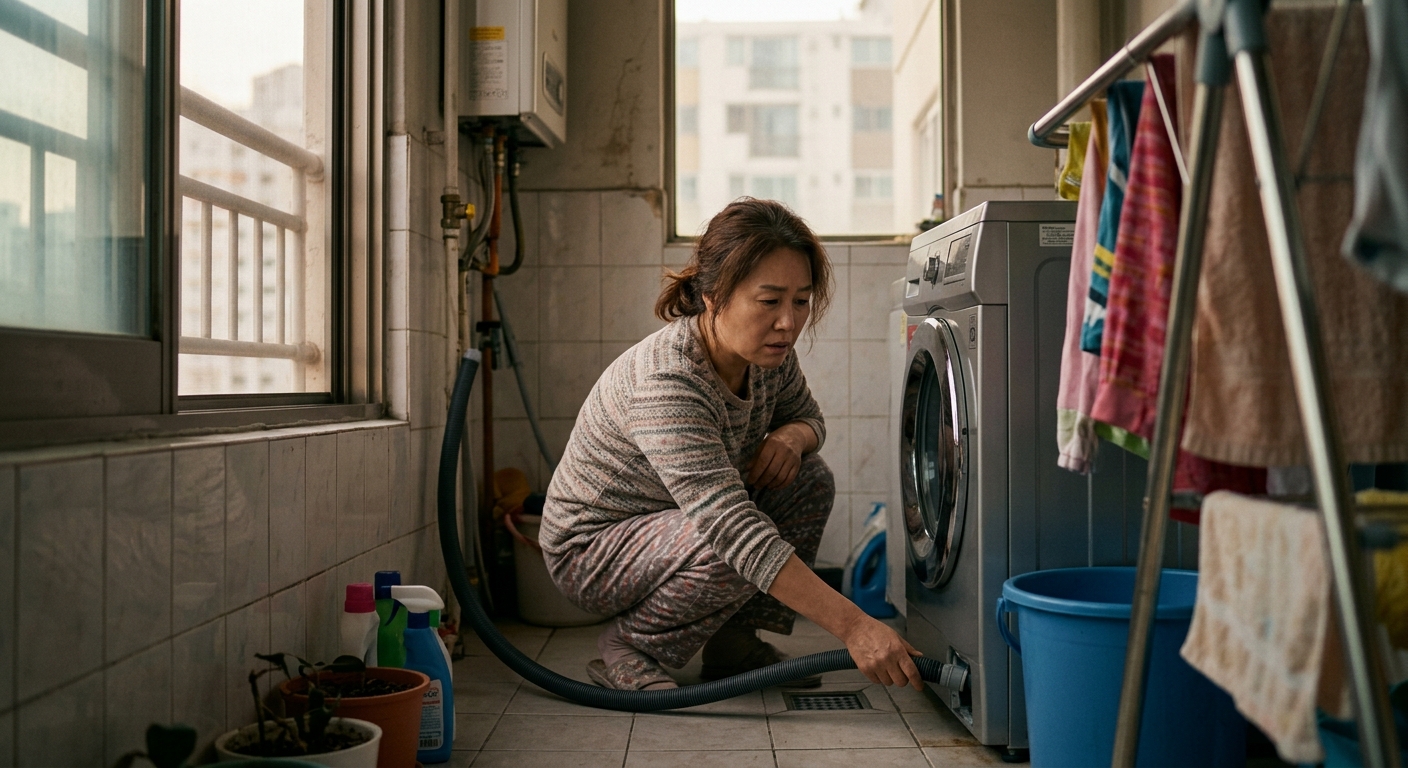 세탁기 배수 위반 시 과태료와 비용 부담을 떠올리는 가정의 모습