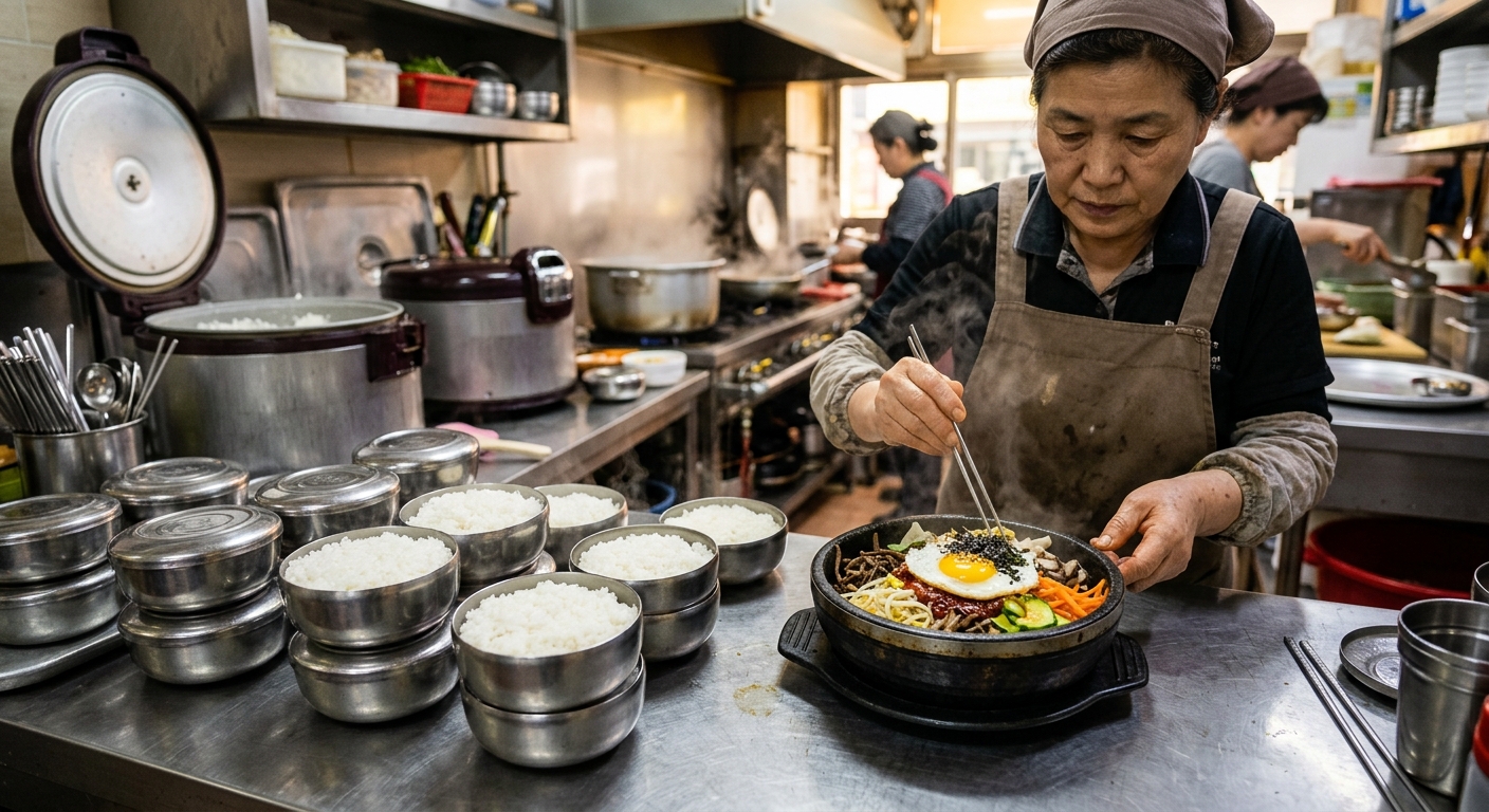 공깃밥과 비빔밥, 찌개가 함께 차려진 한식 식사