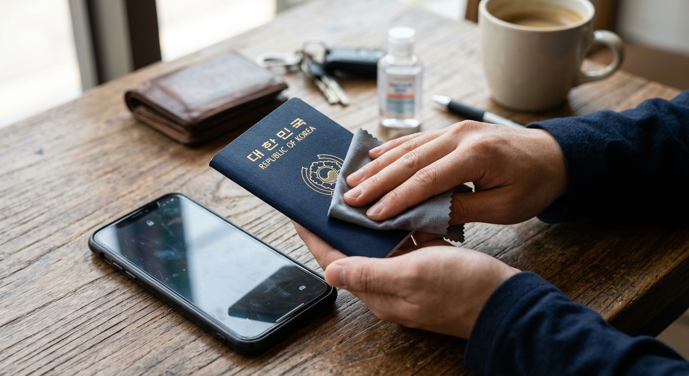 여행 중 소독 티슈로 여권과 스마트폰을 닦는 손 클로즈업
