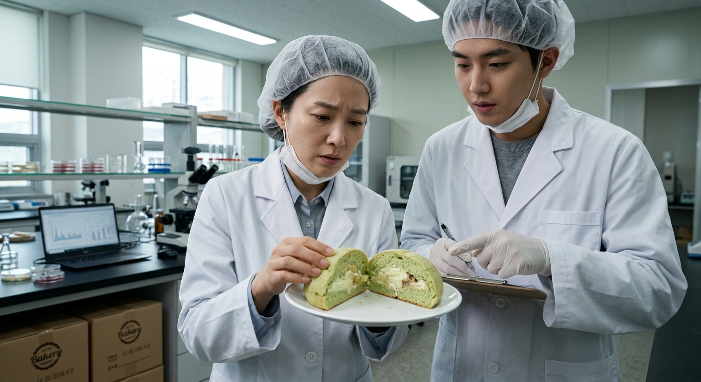 식품 공장에서 원료 라벨과 향료 샘플을 확인하는 품질관리 장면